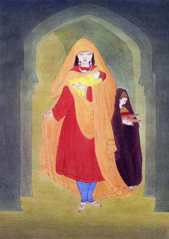 Young Woman With Child And Servant - Large Art Prints by Abdur Rahman Chughtai