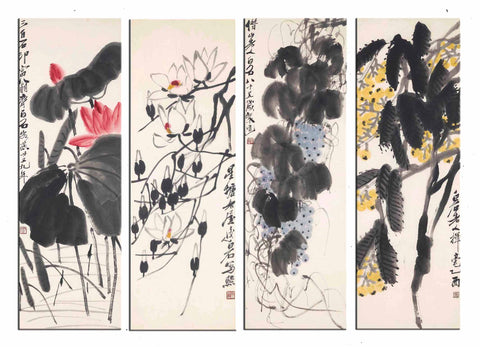 Qi Baishi - Flowers And Fruit - Set Of 4 - Art Panels by Qi Baishi