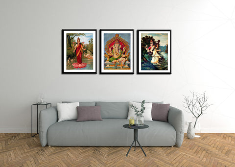 Set of 3 Ganesh Lakshmi Saraswati - Raja Ravi Varma  - Framed Digital Art Print - Small (12 x 15) inches each-international-shipping by Raja Ravi Varma