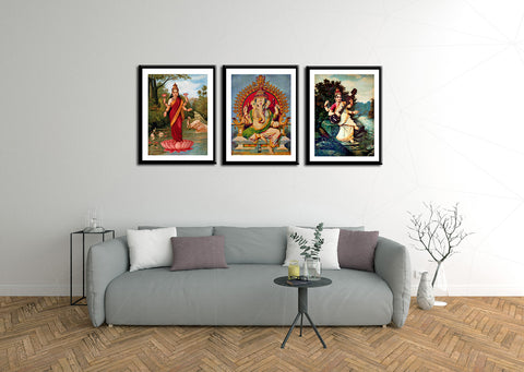 Set of 3 Ganesh Lakshmi Saraswati - Raja Ravi Varma  - Framed Digital Art Print - Small (12 x 15) inches each