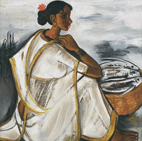 Fisher Woman In White Sari by B. Prabha