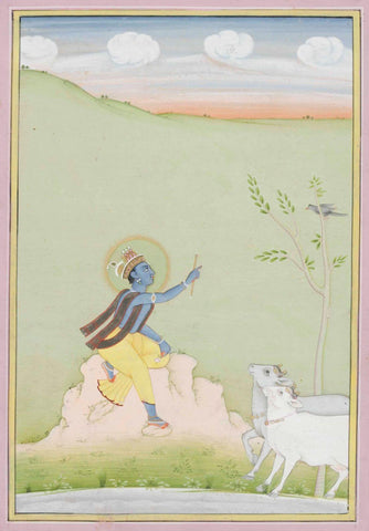 Krishna On A Rock With Cows Addressing A Bird By Kadar Badin - India Bikaner C1845 - Vintage Indian Miniature Art Painting by Miniature Art