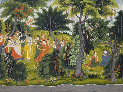 Krishna With Gopis - Pahari Painting by Tallenge Store