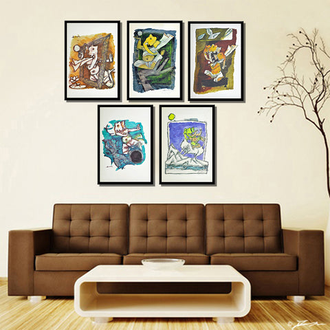 Ashtavinayak Series - Set Of 8 Framed Canvas (12 x 17 inches) by M F Husain