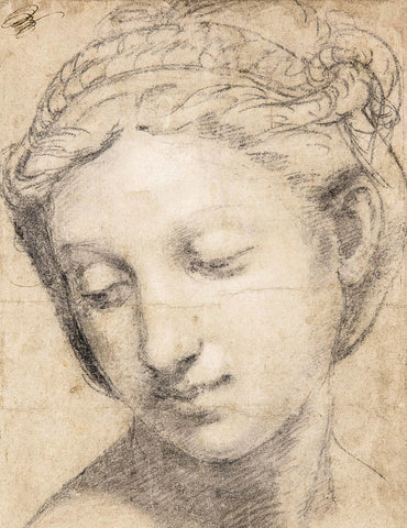 Raphael - Tete de femme de trois quarts vers la gauche la charite by Raphael