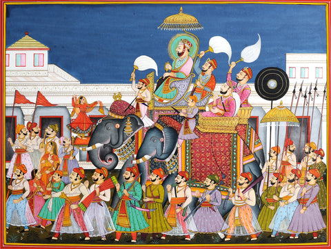 Indian Miniature Art - Rajasthani Paintings - Wedding Procession by Tallenge Store