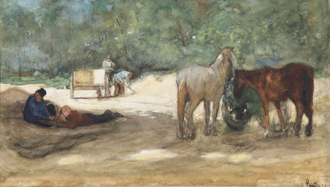 Resting horses Near a Sandpit, The Hague (Ruhende Pferde in der Nähe eines Sandkastens, Den Haag)- George Breitner - Dutch Impressionist Painting by George Hendrik Breitner