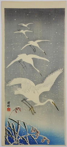 White Birds In Snow - Life Size Posters by Ohara Koson