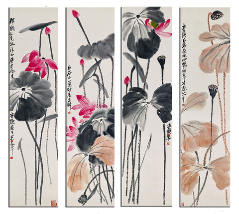 Qi Baishi - Lotus Of The Seasons - Set Of 4 - Art Panels by Qi Baishi