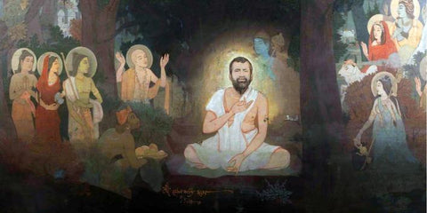 Sri Ramakrishna Paramahansa Receiving Blessings From The Gods - Mrinal Kanti Das - Bengal School - Indian Art Painting by Indian Art