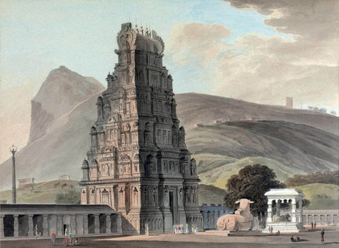 Temple At Tritchencore (Travencore)- William and  Thomas Daniell - Vintage Orientalist Painting of India by Thomas Daniell