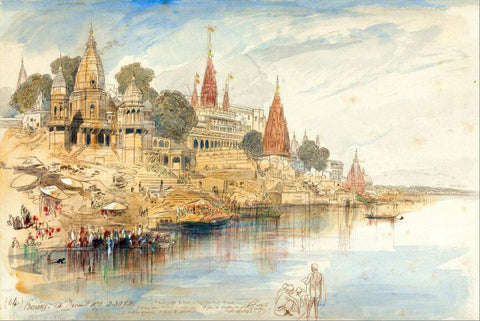 Ghats In Benaras - Edward Lear - c1873 Vintage Orientalist Paintings Of India by Edward Lear