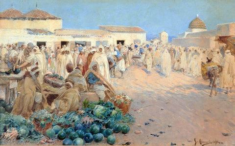 A Busy Market In North Africa - Gustavo Simoni - Vintage Orientalist Painting by Gustavo Simoni