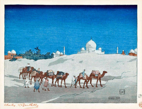 A Caravan Passing The Taj Mahal In Agra - Charles W Bartlett - Vintage Orientalist Woodblock India Painting by Charles Bartlett