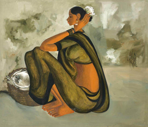 A Koli Fishseller - B Prabha Painting - Indian Masters Art - Large Art Prints by B. Prabha