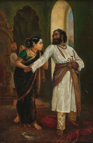A Nobleman And A Maiden In A Palace Interior -  - M V Dhurandhar - Indian Masters Painting - Posters by M. V. Dhurandhar