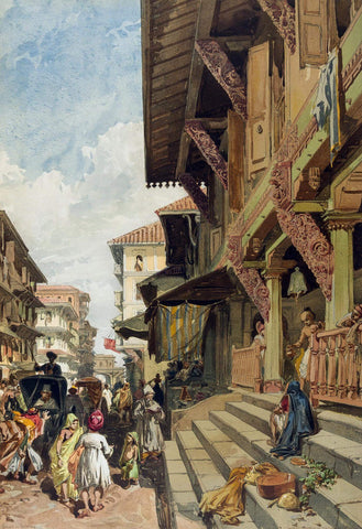 A Street In Bombay c1863 - William Simpson - Vintage Orientalist Painting Of India - Framed Prints by William Simpson