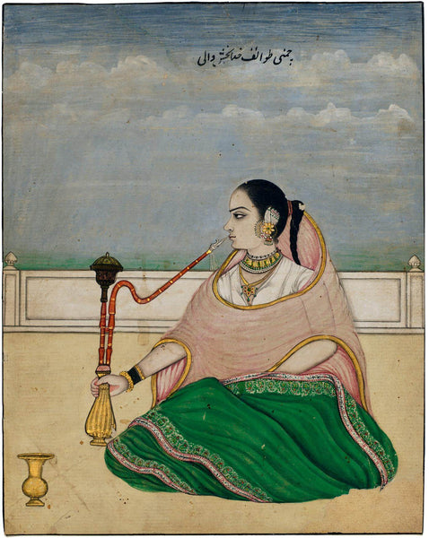A Young Woman Seated On A Terrace Smoking A Hukkah - Lucknow School - C1830  Vintage Indian Miniature Art Painting - Life Size Posters