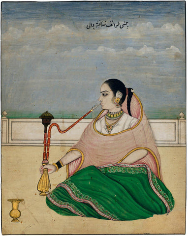 A Young Woman Seated On A Terrace Smoking A Hukkah - Lucknow School - C1830  Vintage Indian Miniature Art Painting - Posters
