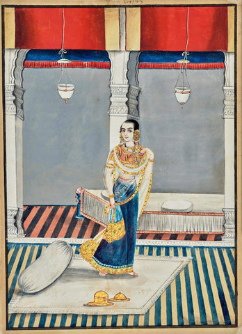 A Young Woman Standing On A Carpeted Terrace - Lucknow School - C1830  Vintage Indian Miniature Art Painting - Posters