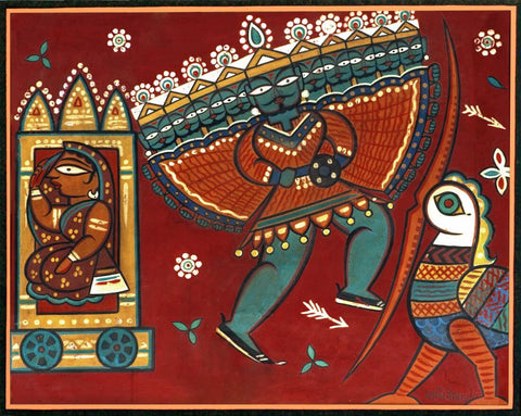 Abduction Of Sita (Jatayu And Ravana) - Jamini Roy - Ramayan Painting by Jamini Roy