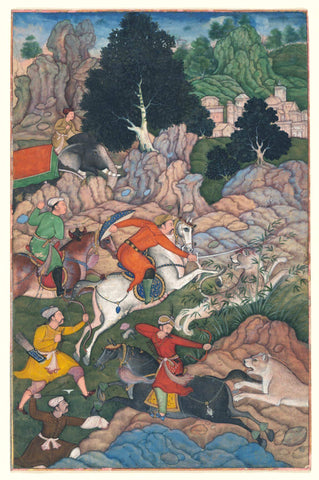 Akbar Hunting - A Folio From Akbarnama (History of Akbar) - 16th Century Mughal Miniature Art Painting - Large Art Prints