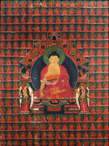 Akshobhya Buddha - c1800 Vintage Tibetan Buddhist Thangka Painting - Framed Prints by Tallenge Store