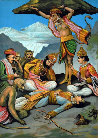 Anjaneya Hanuman Sanjeevini - Raja Ravi Varma - Indian Masters Chromolithograph Artwork From Ramayan - Framed Prints