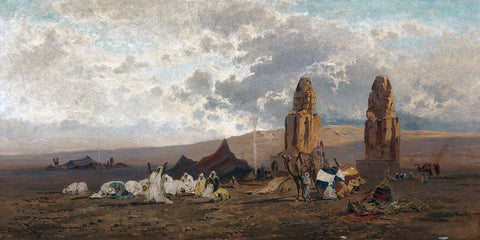 Arabs Praying At The Colossi Of Memnon At Thebes - Vintage Orientalist Painting Of Egypt by Tallenge