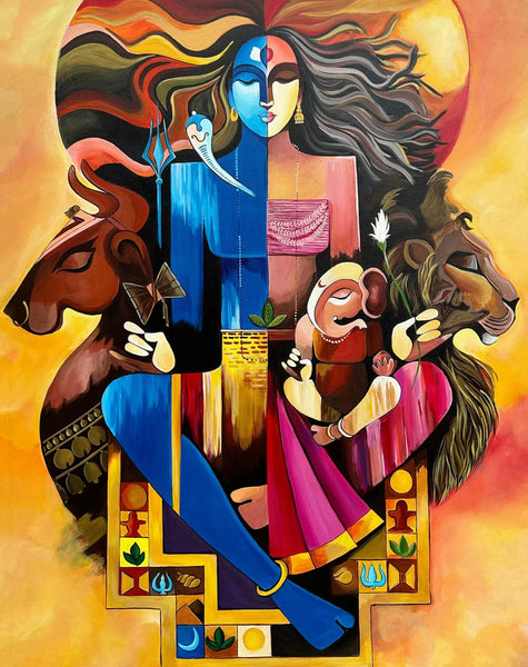 Ardhanarishwar - Shiva (Male) And Shakti (Female)  - Contemporary Painting - Framed Prints