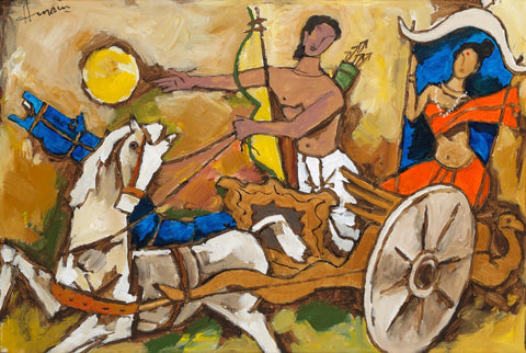 Arjuna And Draupadi (Mahabharat) - Maqbool Fida Husain Painting - Large Art Prints by M F Husain