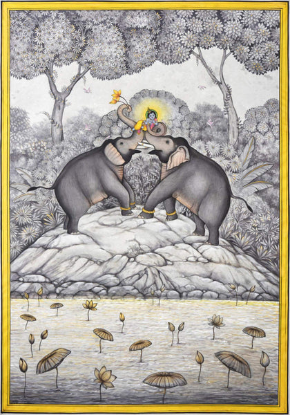 Bal Krishna With Elephants - Contemporary Pichwai Painting - Framed Prints