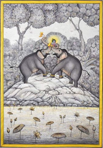 Bal Krishna With Elephants - Contemporary Pichwai Painting - Life Size Posters