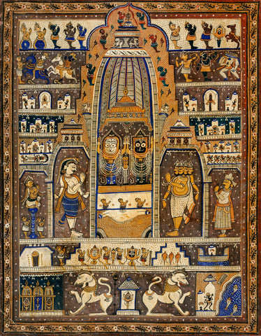 Balarama Subhadra and Jagannath In The Jagannath Temple At Puri With The Hindu Pantheon - Vintage Orissa Indian Art - Life Size Posters by Raghuraman