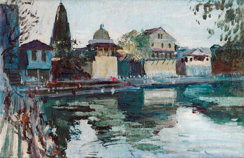 Banganga Tank and Walkeshwar Temples In Malabar Hill Bombay -  Walter Langhammer Painting - Life Size Posters by L N Taskar