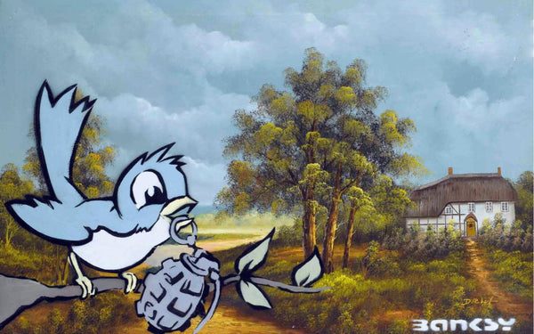 Bird And Grenade (Crude Oils Series) - Banksy - Pop Art Painting - Canvas Prints