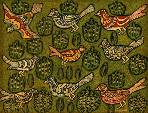 Birds On The Grass - Morris Hirshfield - Folk Art Painting by Morris Hirshfield