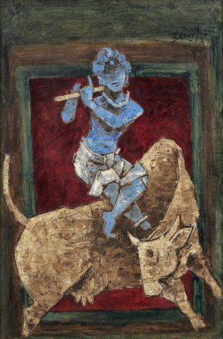 Blue Boy (Krishna) Atop Nandini - Maqbool Fida Husain Painting - Life Size Posters