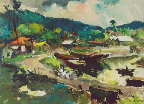 Boats At The Shore - Sayed Haider Raza Painting - Large Art Prints by Sayed Haider Raza