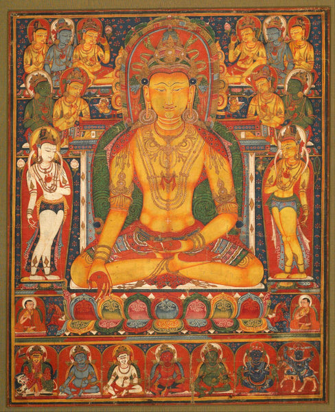 Buddha Ratnasambhava with Wealth Deities - Vintage Buddhist Thangka Painting - Large Art Prints
