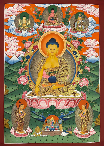 Buddha Shakyamuni With Disciples - Buddhist Thangka Painting - Art Prints