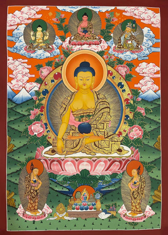 Buddha Shakyamuni With Disciples - Buddhist Thangka Painting - Art Prints