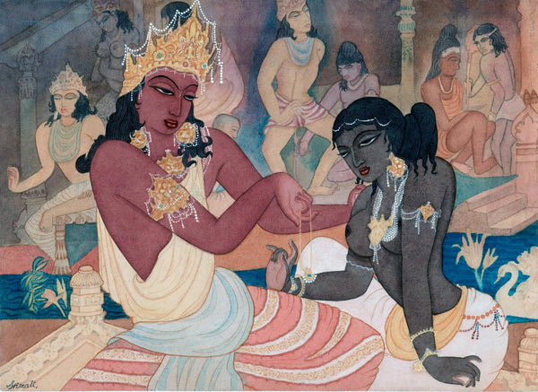 Carudatta Presenting A Pearl Necklace To Vasantesena - Y G Srimati - Framed Prints