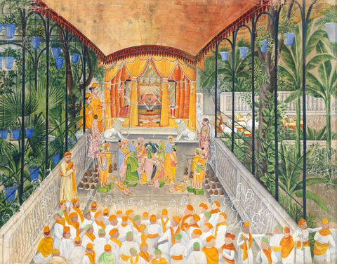 Celebration of the Birth of Krishna (Janamashtami) - Ragunath c1880  - Vintage Indian Kirshna Painting - Art Prints by Tallenge