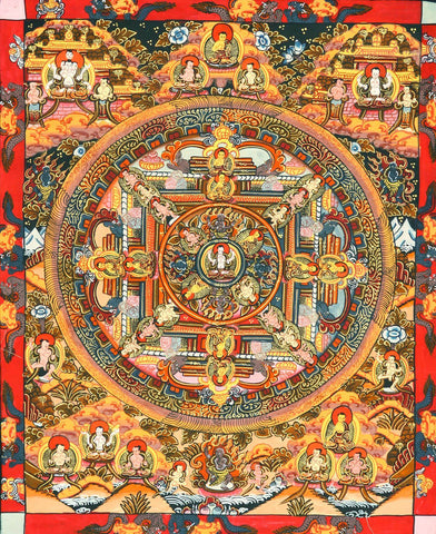 Chenrezig Mandala - Vintage Buddhist Thangka Painting - Framed Prints by Tallenge Store