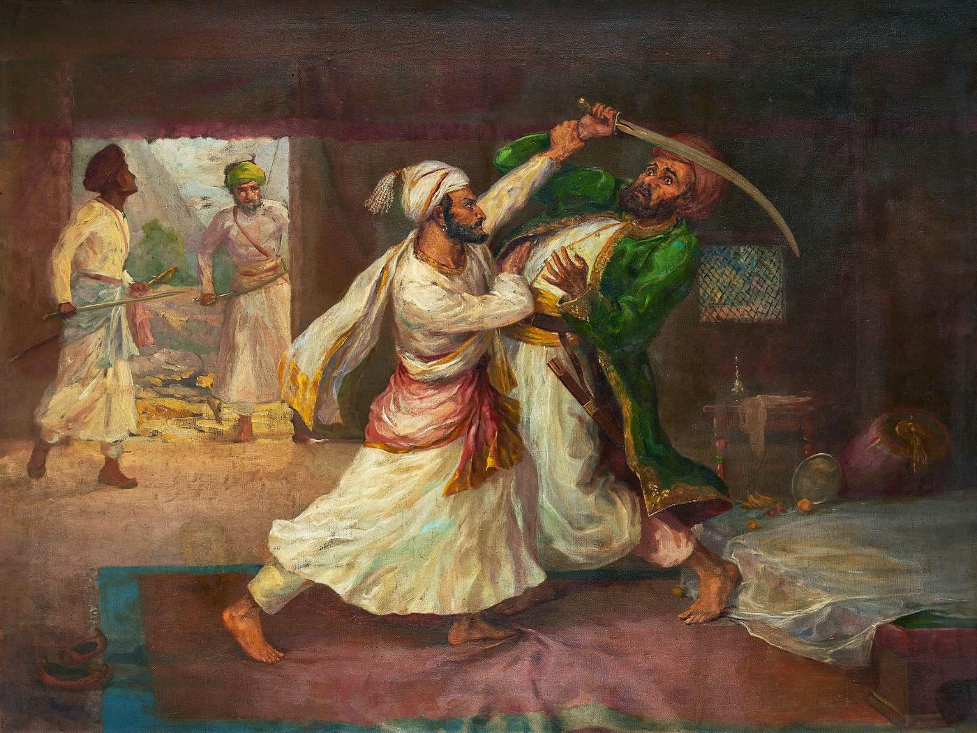 Chhatrapati Shivaji Killing Afzal Khan With Tiger Claw Archibald chhatrapati-shivaji-killing-afzal-khan-with-tiger-claw-archibald