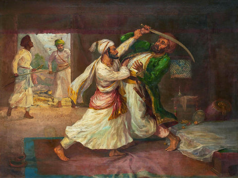 Chhatrapati Shivaji Killing Afzal Khan With Tiger Claw - Archibald Herman Muller - Maratha History Painting - Art Prints