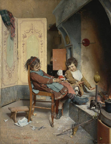 Children And Doll - Gaetano Chierici - 19th Century European Domestic Interiors Painting by Gaetano Chierici