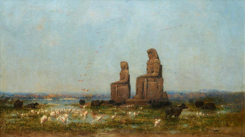 Colossi of Memnon Thebes 1868 - Narcisse Berchere- Vintage Orientalist Painting Of Egypt by Narcisse Berchere