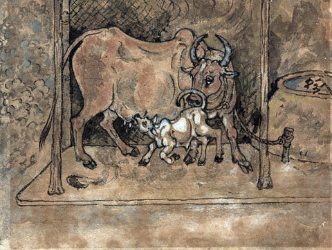 Cow And Her Calf - Nandalal Bose - Bengal School Indian Art Painting - Framed Prints